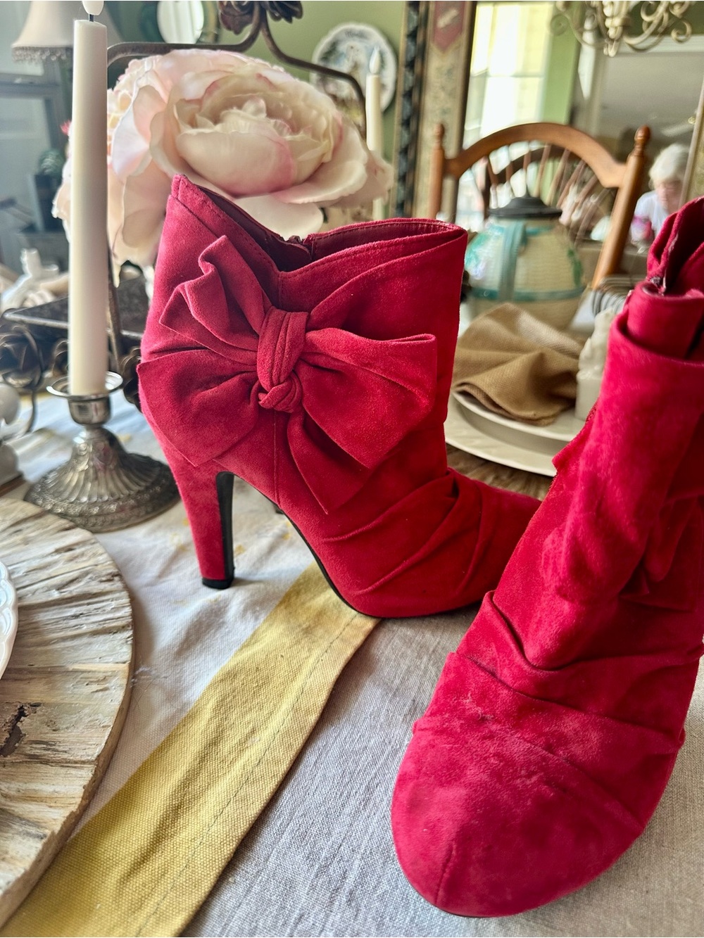Gianni Bini Red Suede Bow-Accent Stiletto Ankle Boots